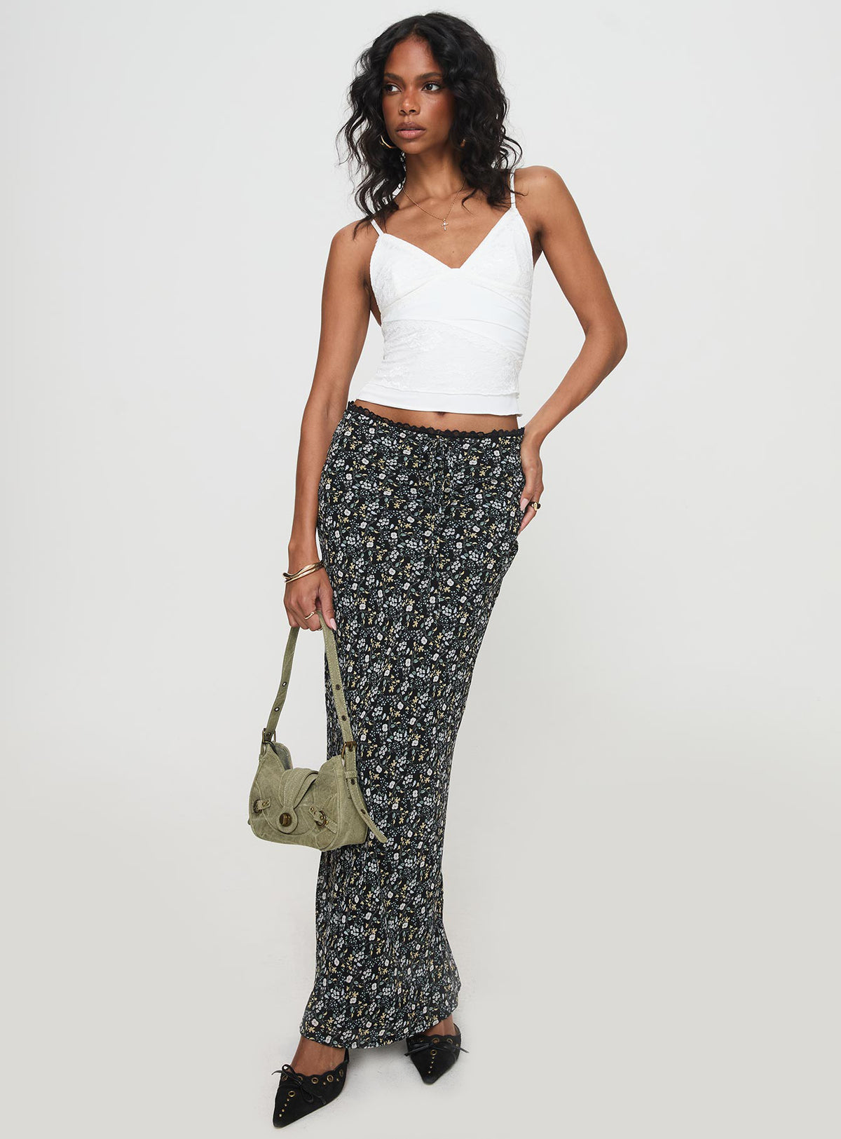   front view of model wearing Princess Polly Emily Maxi Skirt Blue / Black Floral Maxi Skirts Skirts 