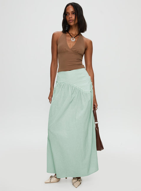   front view of model wearing Princess Polly Yasemine Maxi Skirt Green / White Maxi Skirts Skirts 