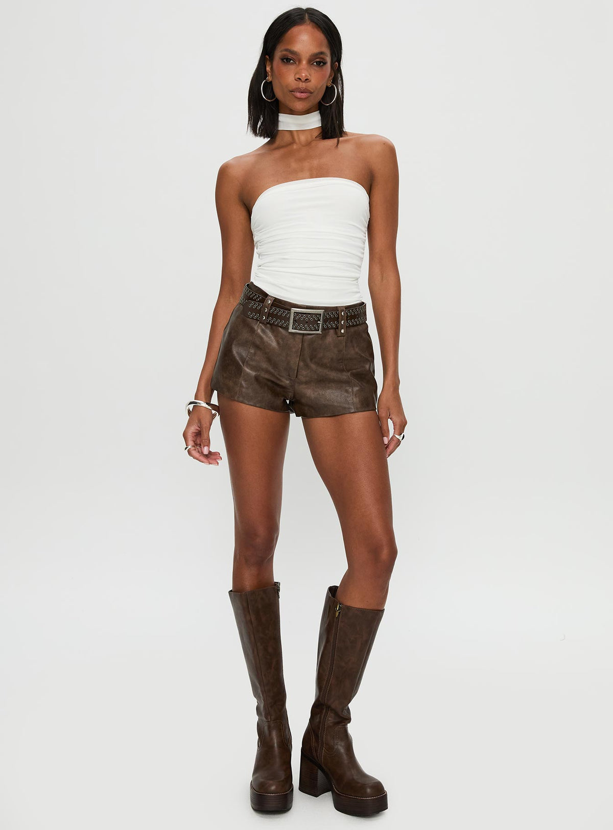 front view of model wearing Princess Polly Sorelle Scarf Bodysuit White Sleeveless Bodysuit 