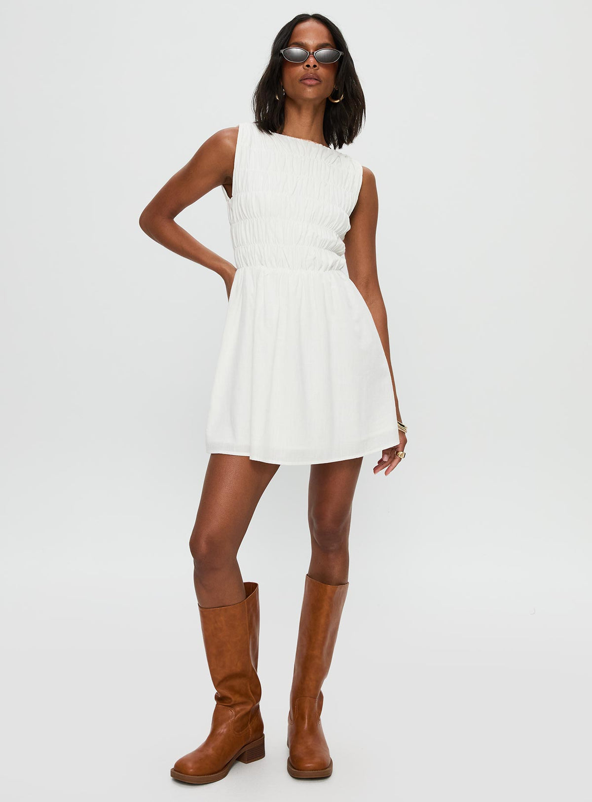 front view of model wearing Princess Polly Melona Shirred Mini Dress White Boat Neck 