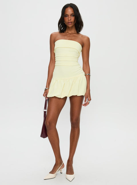 front view of model wearing Princess Polly Mousse Strapless Mini Dress Lemon Straight Neck 