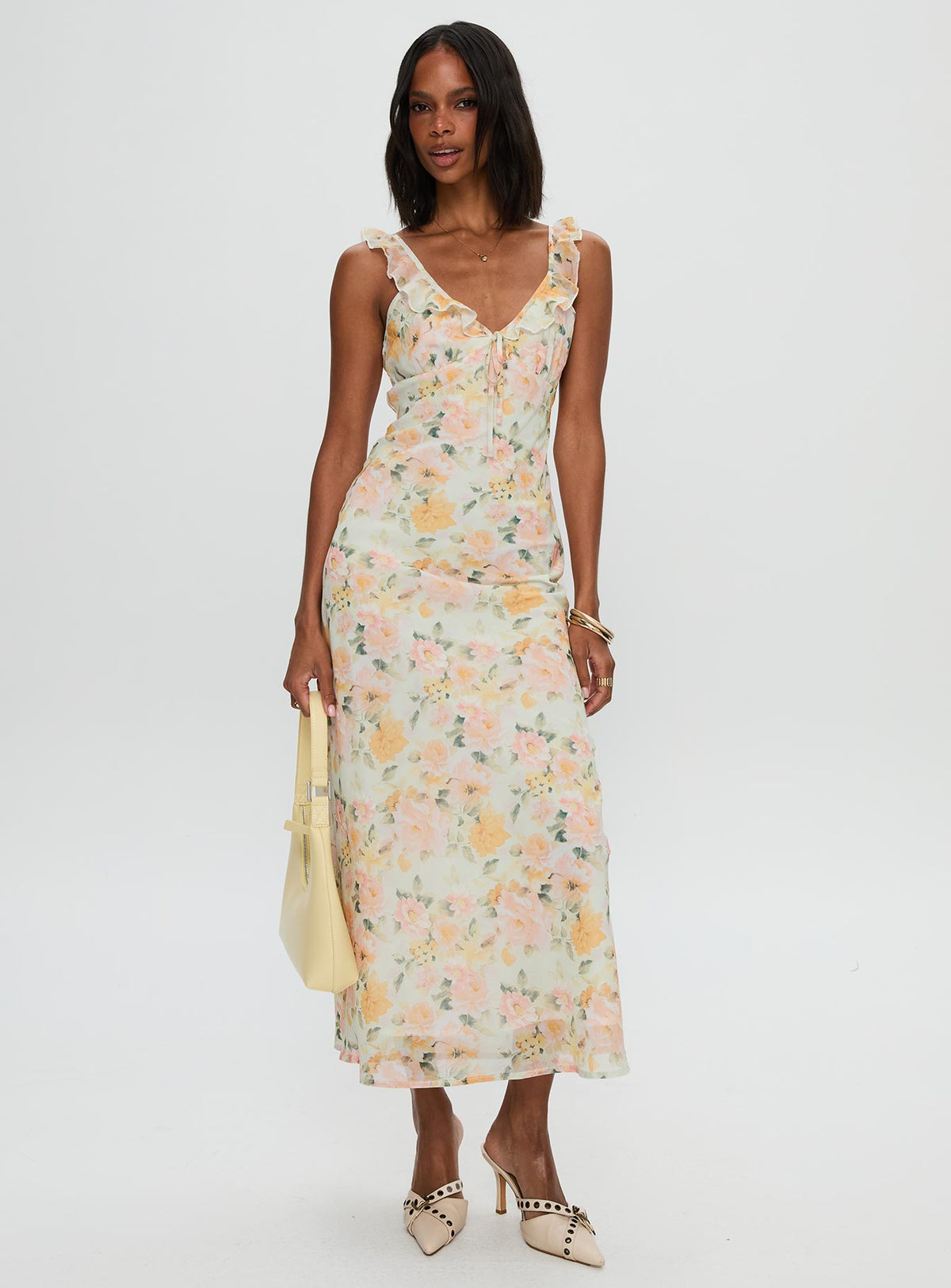 side view of model wearing Princess Polly On A Wave Frill Detail Maxi Dress Multi V-Neck 
