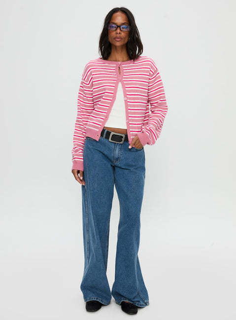 side view of model wearing Princess Polly Heavenly Dream Cardigan Pink Stripe Cropped Jumpers Jumpers 