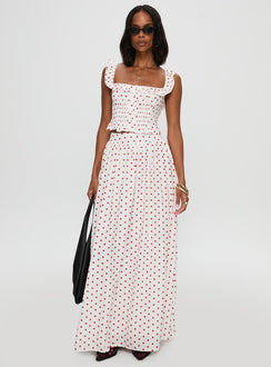   front view of model wearing Princess Polly Valerio Maxi Skirt White / Red Maxi Skirts Skirts 