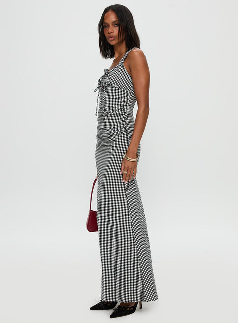 side view of model wearing Princess Polly Roundtrip Maxi Dress Black / White Scoop Neck 