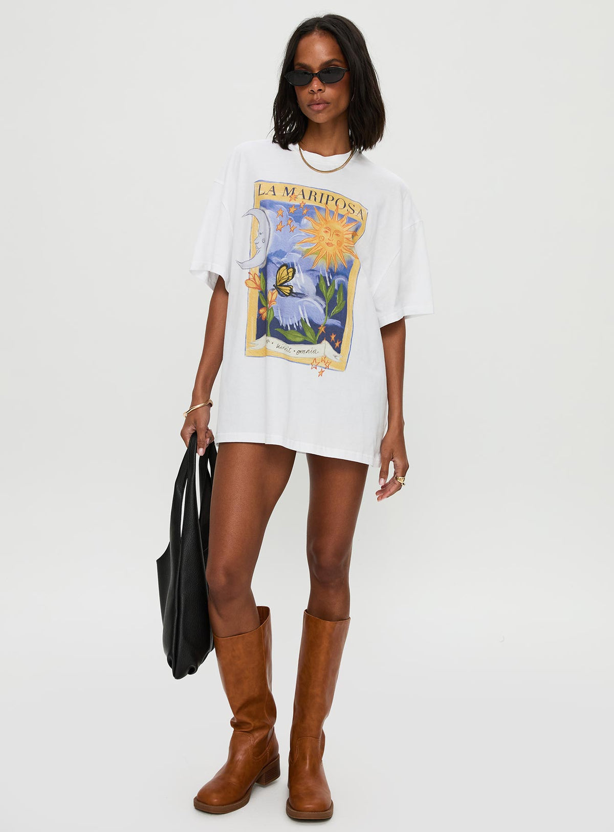 side view of model wearing Princess Polly Tarot Card Graphic Top White / Multi Half Sleeves Crew Neck 