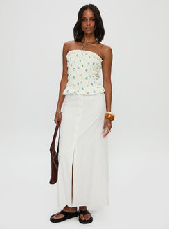   side view of model wearing Princess Polly Jasmira Maxi Skirt White Maxi Skirts Skirts 