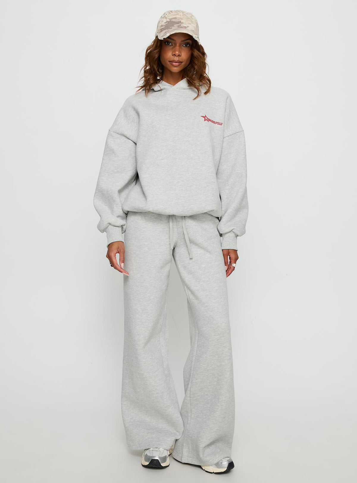 front view of model wearing Princess Polly Princess Polly Stargirl Wide Leg Sweat Pants Grey Marle High Rise Pants Pants 