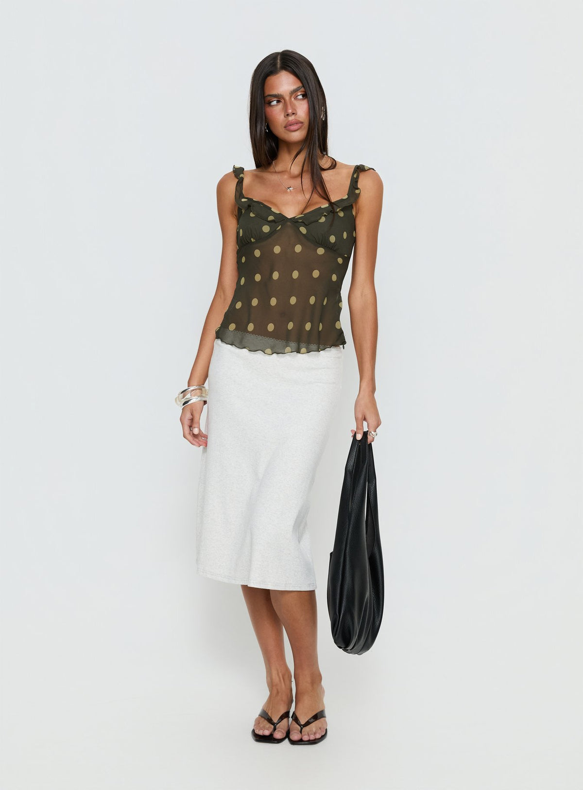Zayliah Frill Detail Top Green Polka