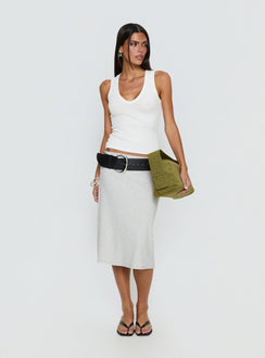   side view of model wearing Princess Polly Baseline Rib Midi Skirt Grey Marle Midi Skirts Skirts 