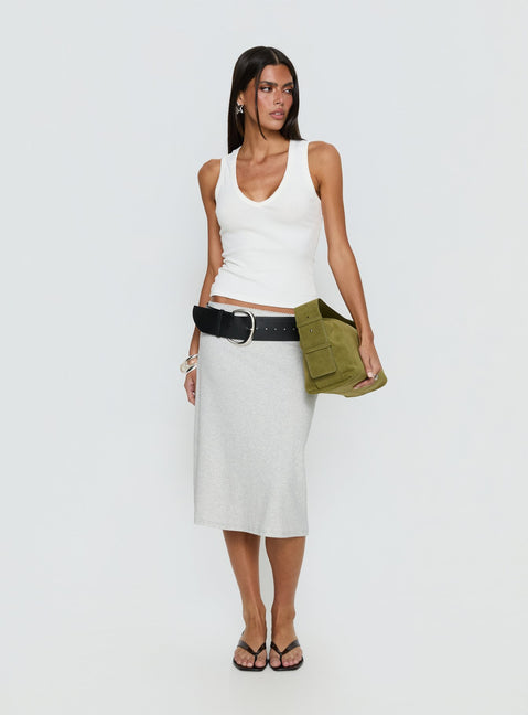   side view of model wearing Princess Polly Baseline Rib Midi Skirt Grey Marle Midi Skirts Skirts 
