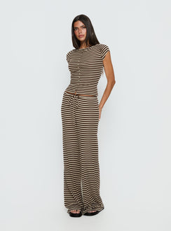 front view of model wearing Princess Polly Gavrielle Jersey Wide Leg Pants Chocolate / Cream Stripe Mid Rise Pants Pants 