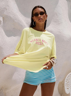side view of model wearing Princess Polly Made With Love Graphic Top Pastel Yellow Half Sleeves Crew Neck 