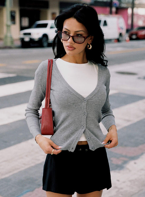 front view of model wearing Princess Polly York Cardigan Grey Marle Cropped Jumpers Jumpers 