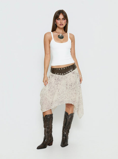 Crafted with Dark Mirage Asymmetrical Midi Skirt Multi womens-skirts in abstract design with belt Princess Polly