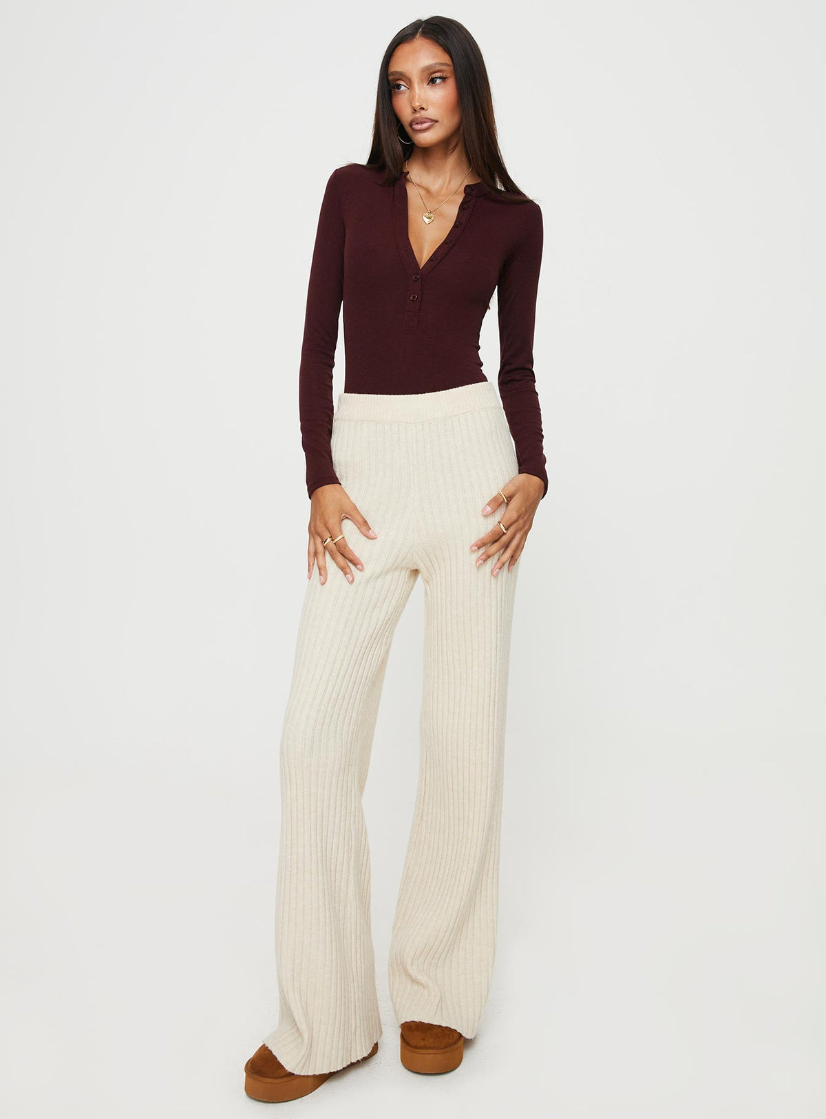 side view of model wearing Princess Polly Kandis Long Sleeve Bodysuit Burgundy Long Sleeve Tops Bodysuit 