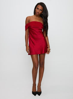 side view of model wearing Princess Polly Adoration Mini Dress Red Straight Neck 