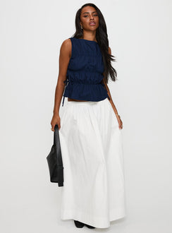 side view of model wearing Princess Polly Endless Summers Tie Side Top Navy Sleeveless High Neck 