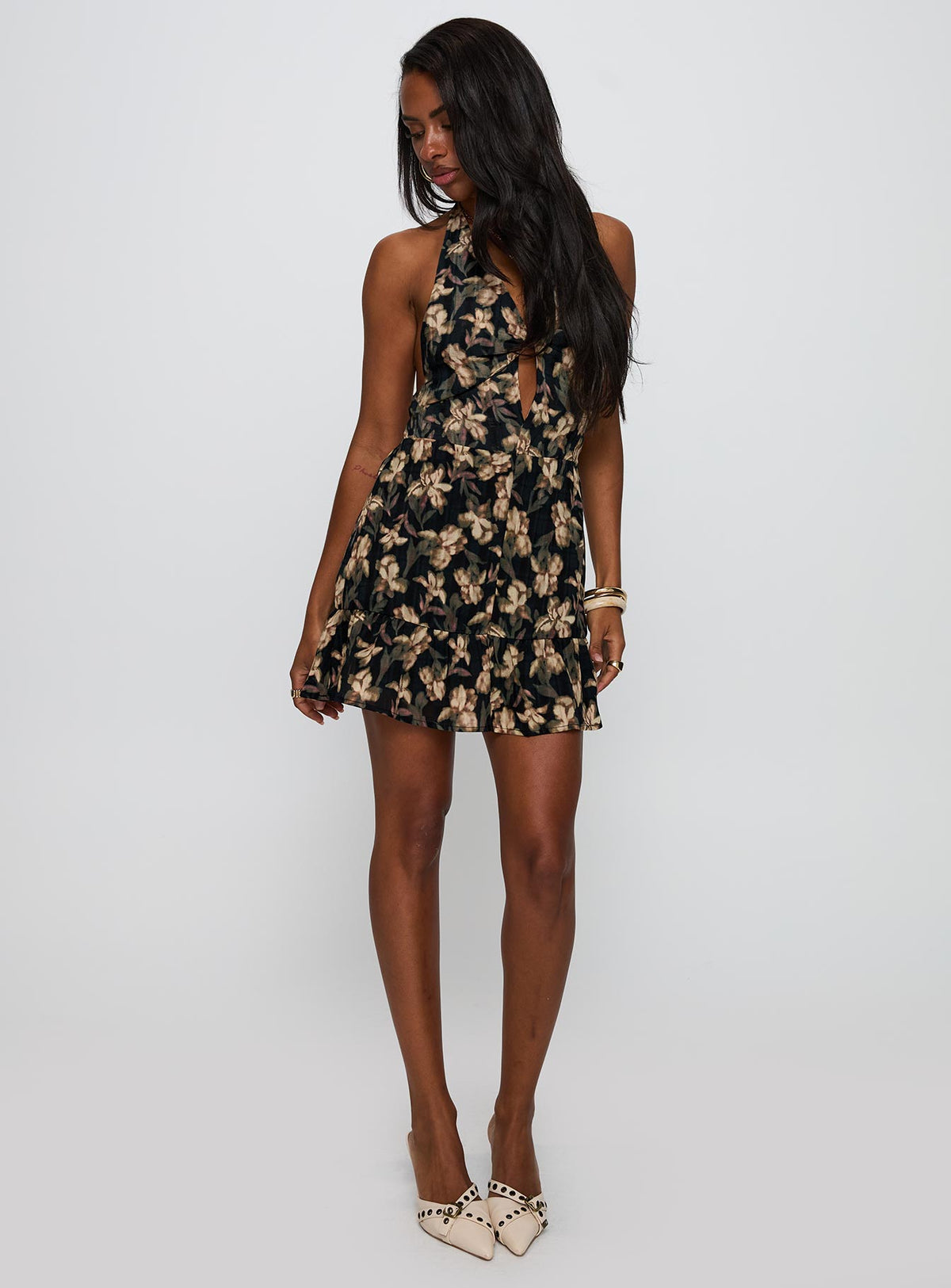 front view of model wearing Princess Polly Ivorie Halter Mini Dress Multi V-Neck 