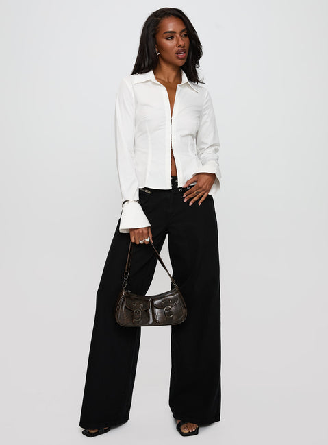 front view of model wearing Princess Polly By The Phone Long Sleeve Collared Top White Full Sleeves V-Neck 