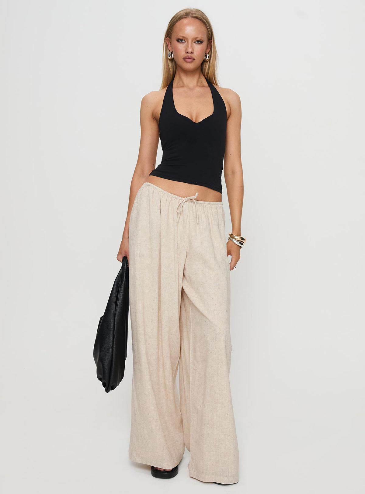 front view of model wearing Princess Polly Beach Comber Linen Pant Beige High Rise Pants Pants 