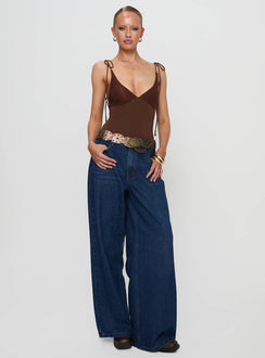front view of model wearing Princess Polly Prichard Bodysuit Brown Sleeveless Bodysuit 