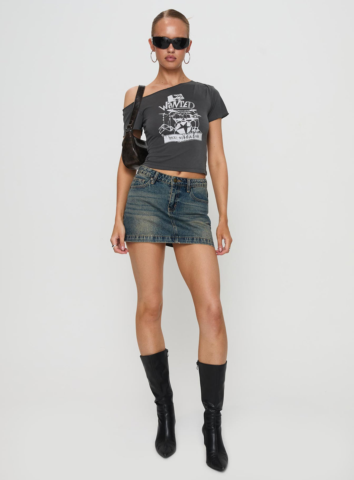   side view of model wearing Princess Polly Ribbon Stamp Mini Skirt Antique Wash Mini Skirts Skirts 