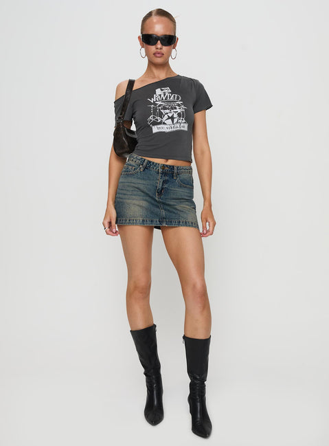   side view of model wearing Princess Polly Ribbon Stamp Mini Skirt Antique Wash Mini Skirts Skirts 