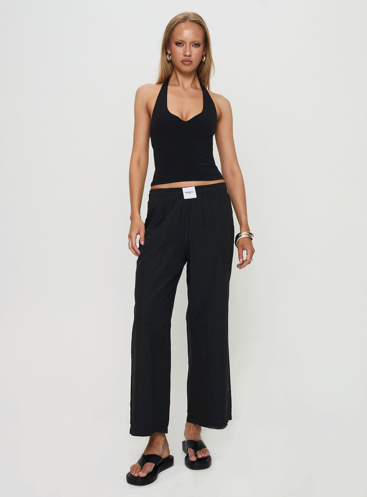front view of model wearing Princess Polly Beach House Pants Black Low Rise Pants Pants 