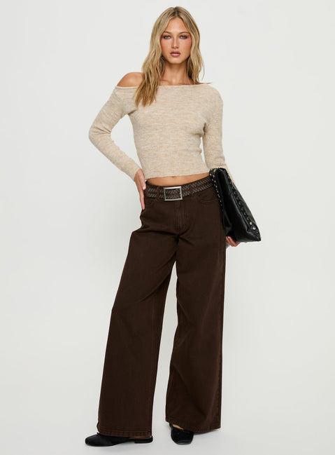 side view of model wearing Princess Polly Naylor Mid Rise Wide Leg Jeans Brown Mid Rise Jeans Jeans 