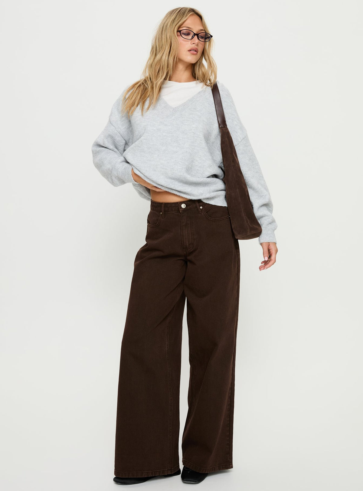 front view of model wearing Princess Polly Stay The Night V Neck Knit Sweater Grey Marle regular Jumpers 