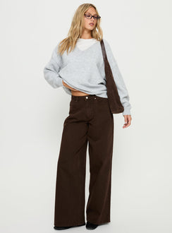 front view of model wearing Princess Polly Stay The Night V Neck Knit Sweater Grey Marle regular Jumpers 
