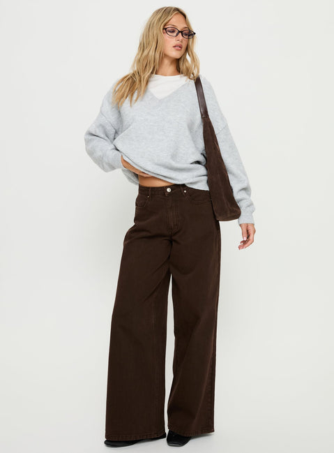 front view of model wearing Princess Polly Stay The Night V Neck Knit Sweater Grey Marle regular Jumpers 