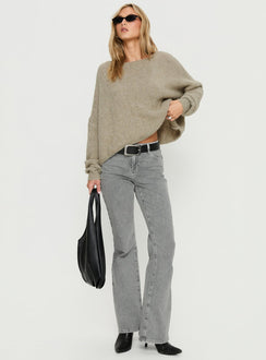 side view of model wearing Princess Polly Ramy Wide Neck Knit Sweater Olive Cropped Jumpers Jumpers 
