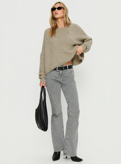 side view of model wearing Princess Polly Ramy Wide Neck Knit Sweater Olive Cropped Jumpers Jumpers 