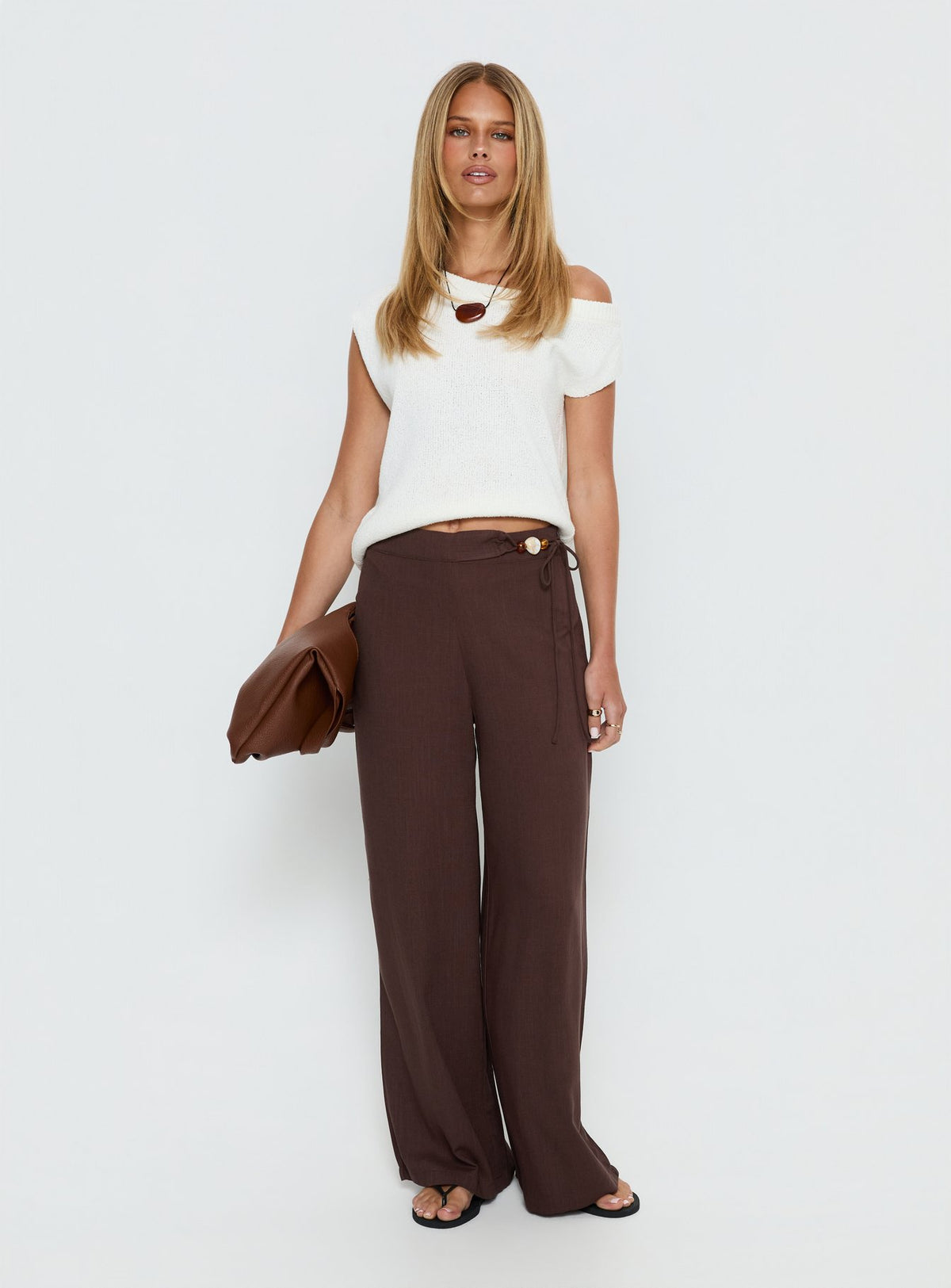 front view of model wearing Princess Polly Pine For You Bead Detail Linen Pant Brown High Rise Pants Pants 