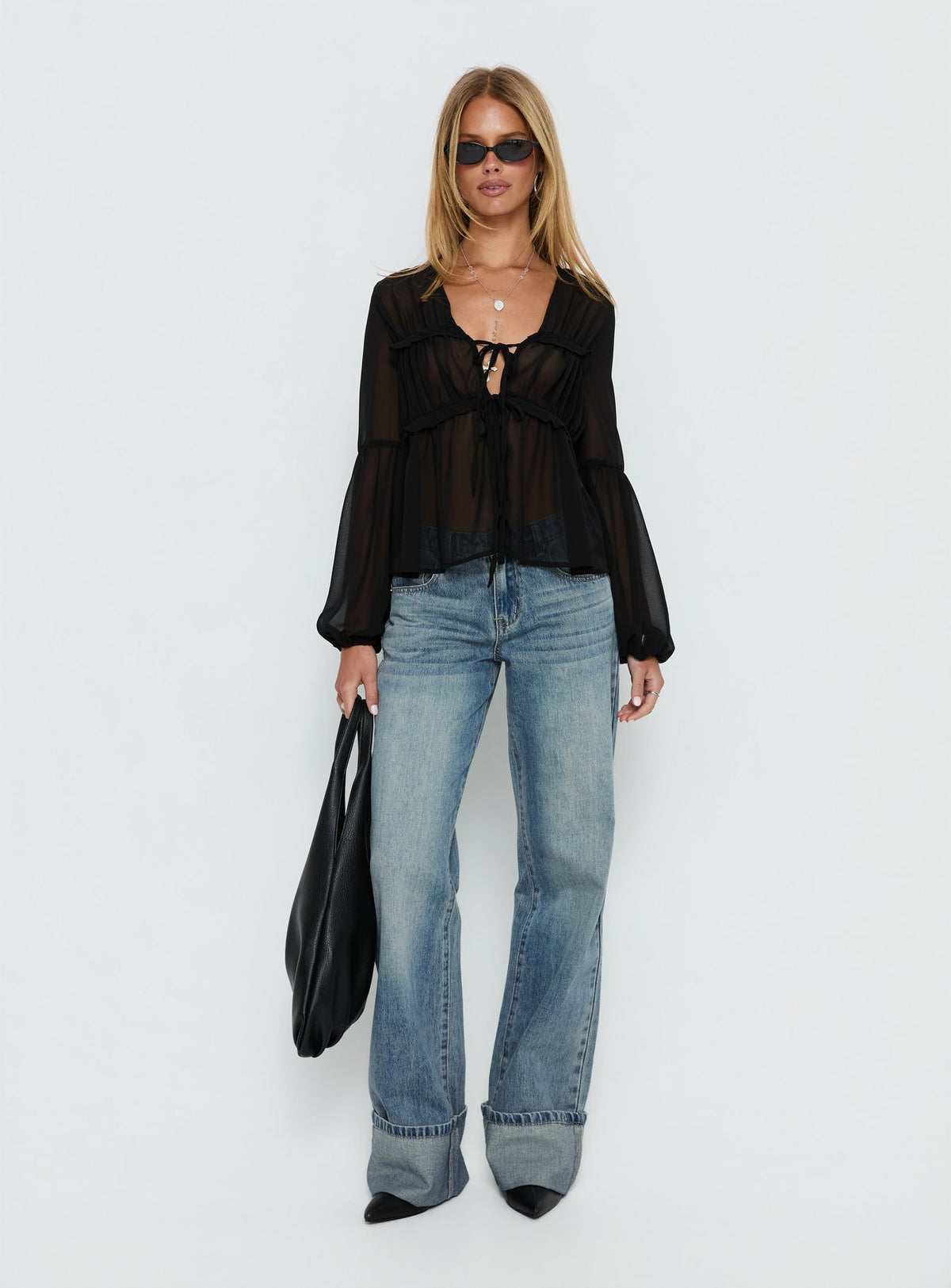 Palapa Tie Detail Sheer Long Sleeve Top Black