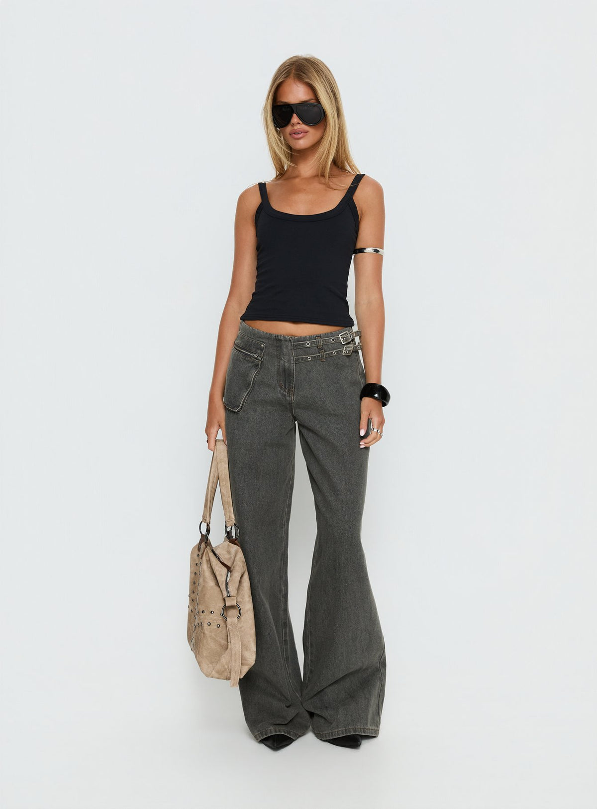 front view of model wearing Princess Polly Paltrow Mid Rise Wide Leg Cargo Jeans Washed Grey Mid Rise Jeans Jeans 