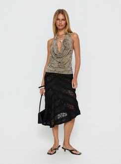   front view of model wearing Princess Polly Constancia Asymmetrical Sheer Midi Skirt Black Midi Skirts Skirts 