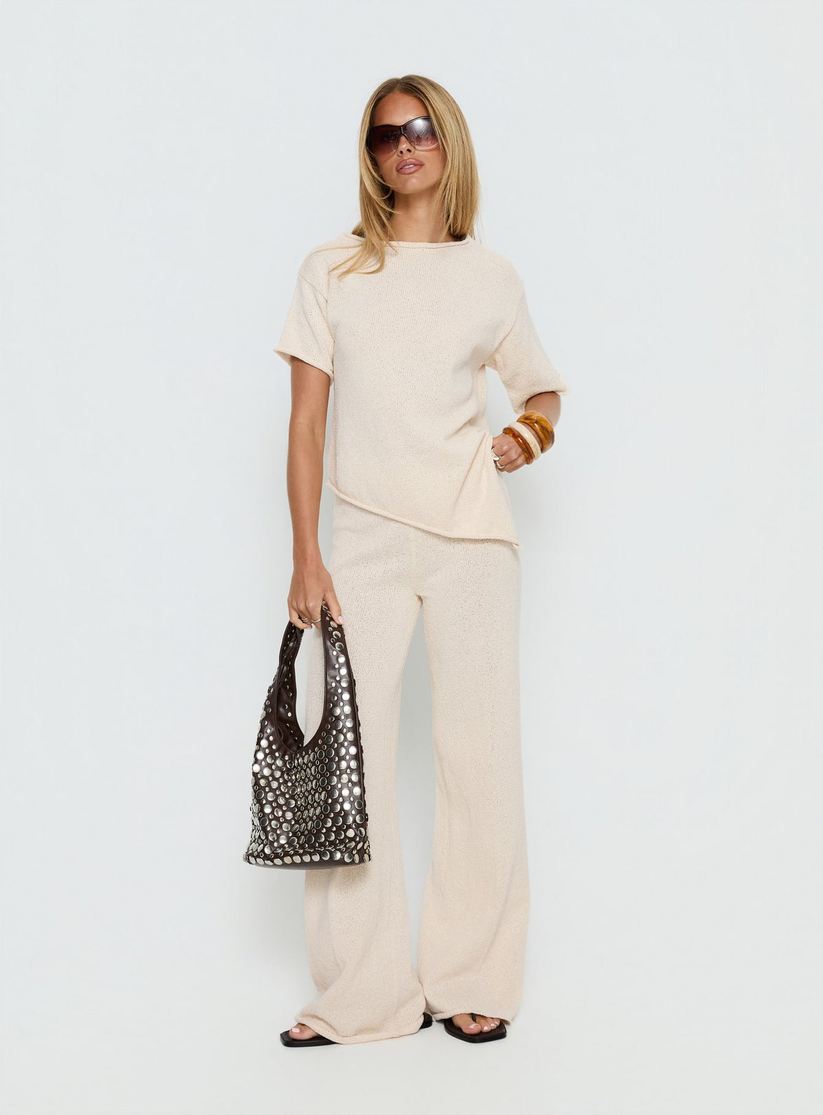 front view of model wearing Princess Polly Calisse Knit Wide Leg Pants Beige High Rise Pants Pants 