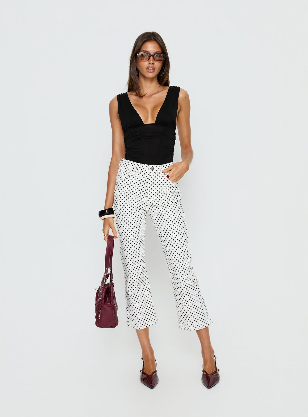front view of model wearing Princess Polly Cindee High Rise Cropped Jeans White Polka Dot High Rise Jeans Jeans 