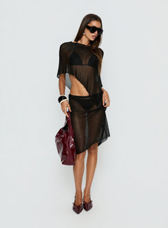 Luminous Midi Skirt Black womens-skirts in midi length side view of model wearing Princess Polly
