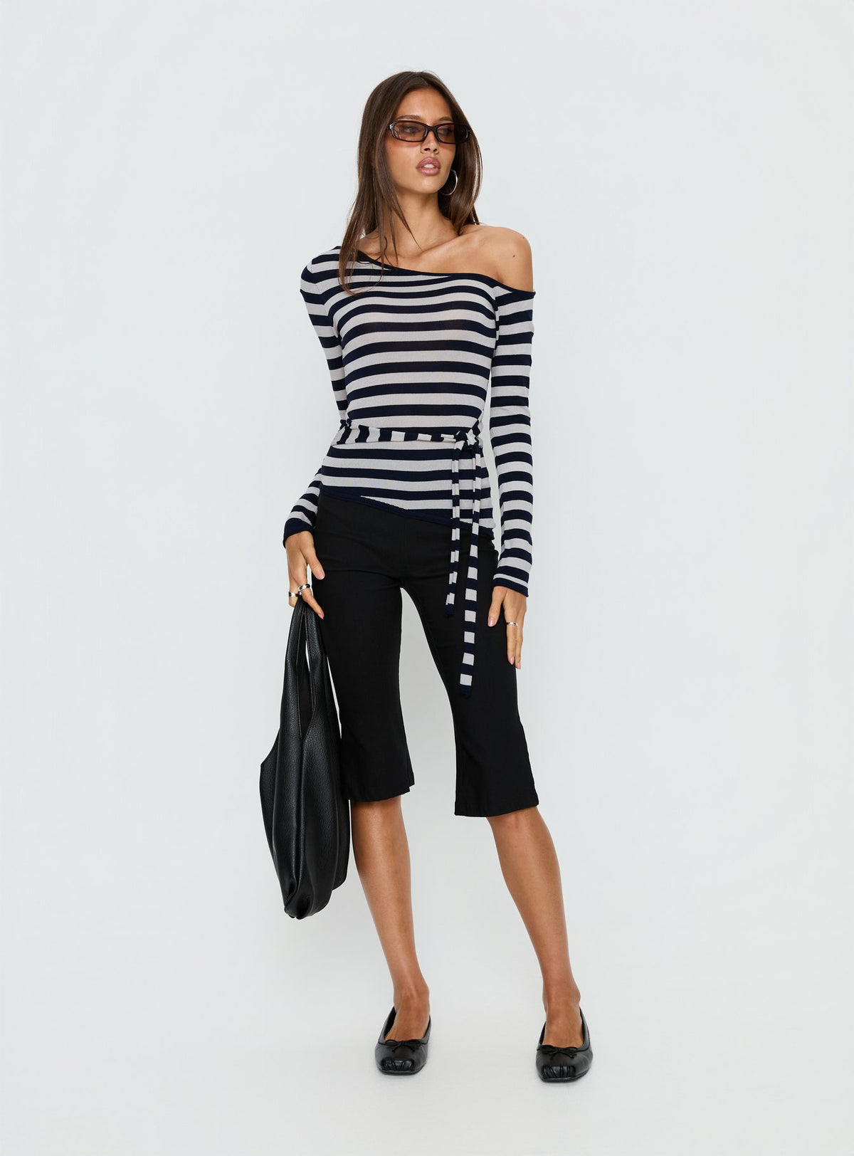 Kastor One Shoulder Long Sleeve Top Navy / Grey Stripe