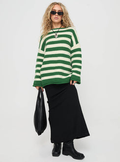front view of model wearing Princess Polly Brando Knit Sweater Green / Cream Stripe Longline Jumpers Jumpers 