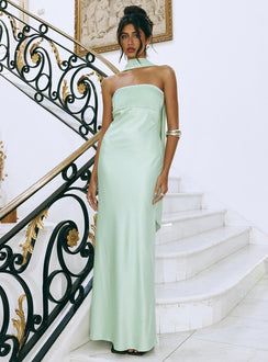 side view of model wearing Princess Polly Exquisette Strapless Maxi Dress Sage Straight Neck 