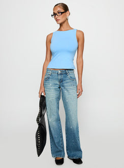 side view of model wearing Princess Polly Picasso Mid Rise Straight Leg Jeans Mid Blue Mid Rise Jeans Jeans 