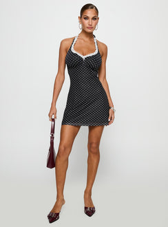 front view of model wearing Princess Polly Black Beauty Halter Mini Dress Black / Polka Plunger 