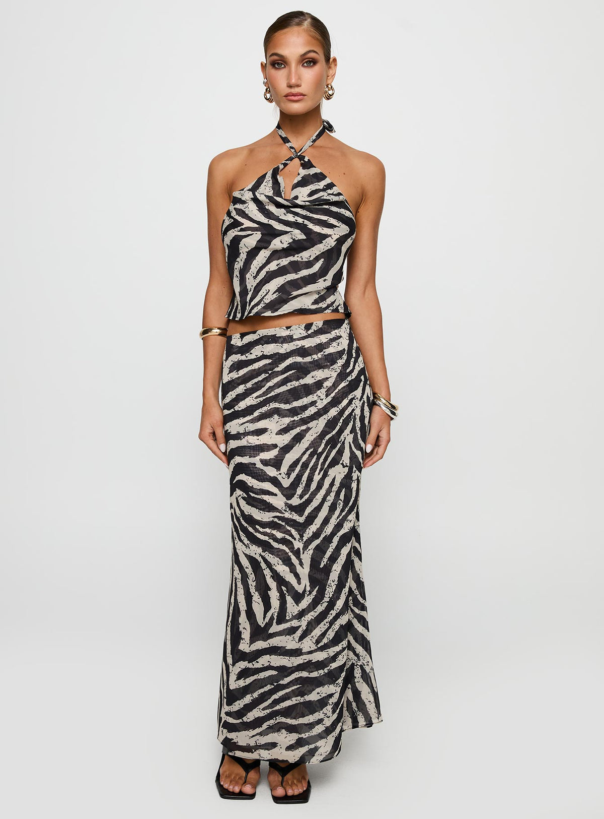   front view of model wearing Princess Polly Eleganza Maxi Skirt Zebra Maxi 