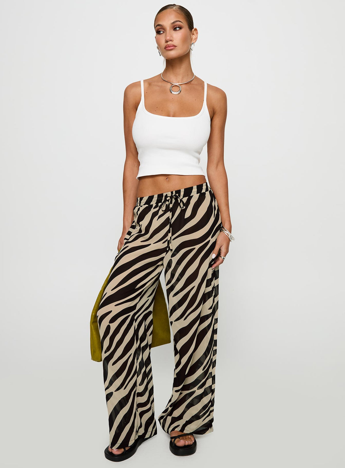 front view of model wearing Princess Polly Fyre Wide Leg Pant Zebra Low Rise Pants Pants 