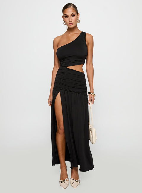side view of model wearing Princess Polly Magnetize Ruched Maxi Dress Black Asymmetric Neckline 